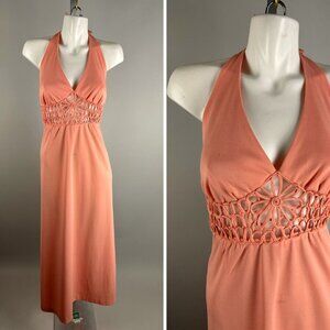 Vtg 70s Mikey Jrs Coral Pink Cut Out Floral Waist Dress Sleeveless Disco Maxi M
